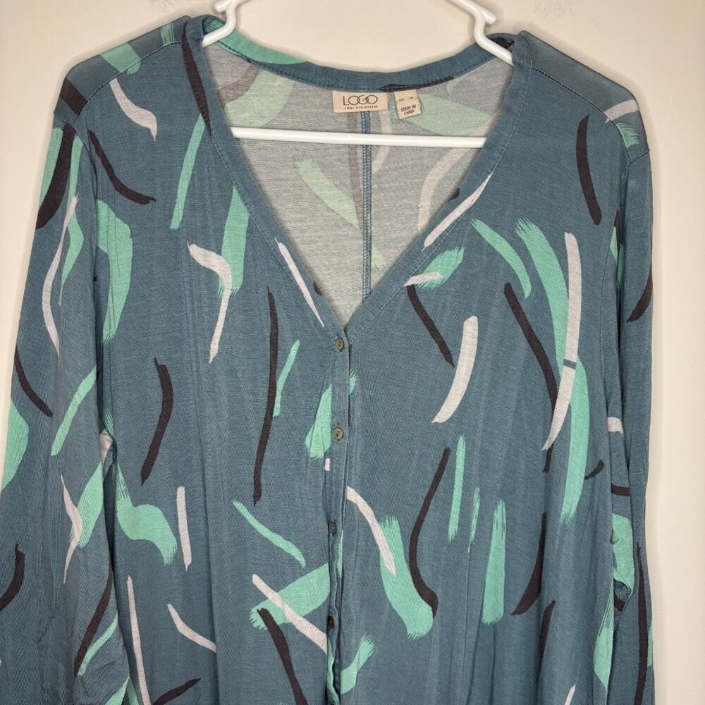 LOGO Lori Goldstein Asymmetric Cardigan Women XL Soft Flowy Pocket Blue Green - Picture 5 of 7